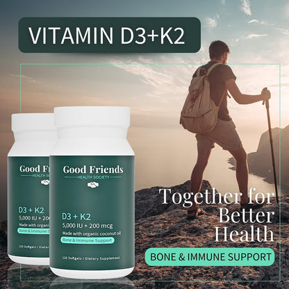 Good Friends Health - Vitamin D3 5000 IU + Vitamin K2 200 mcg - Bone and Immune Support - Organic Coconut Oil - 120 Soft gel capsules