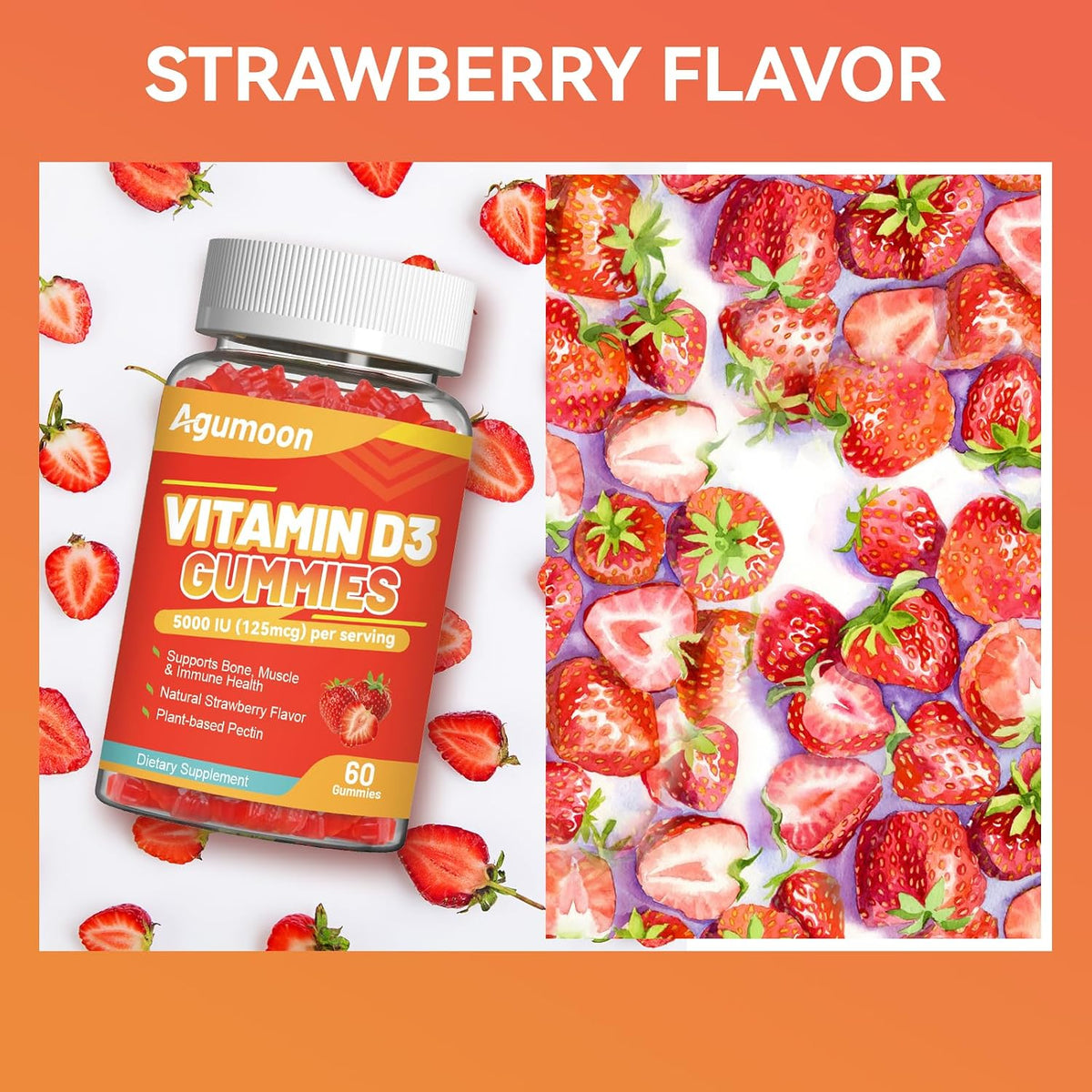 Agumoon Vitamin D3 5000 IU Gummies - Immune, Bone & Muscle Support - Non-GMO, Gluten-free, Dairy-Free - Strawberry Flavour - 60 Gummies - görsel 5