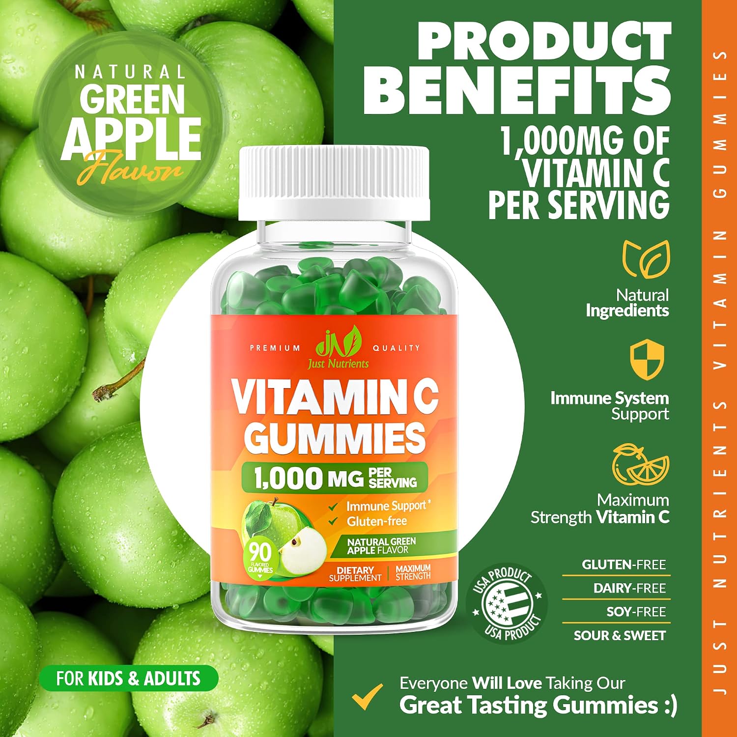 Just Nutrients Vitamin C 1000mg Gummies - Maximum Strength Chewable Immune & Collagen Support, Natural Green Apple Flavour, 90 Count - görsel 3