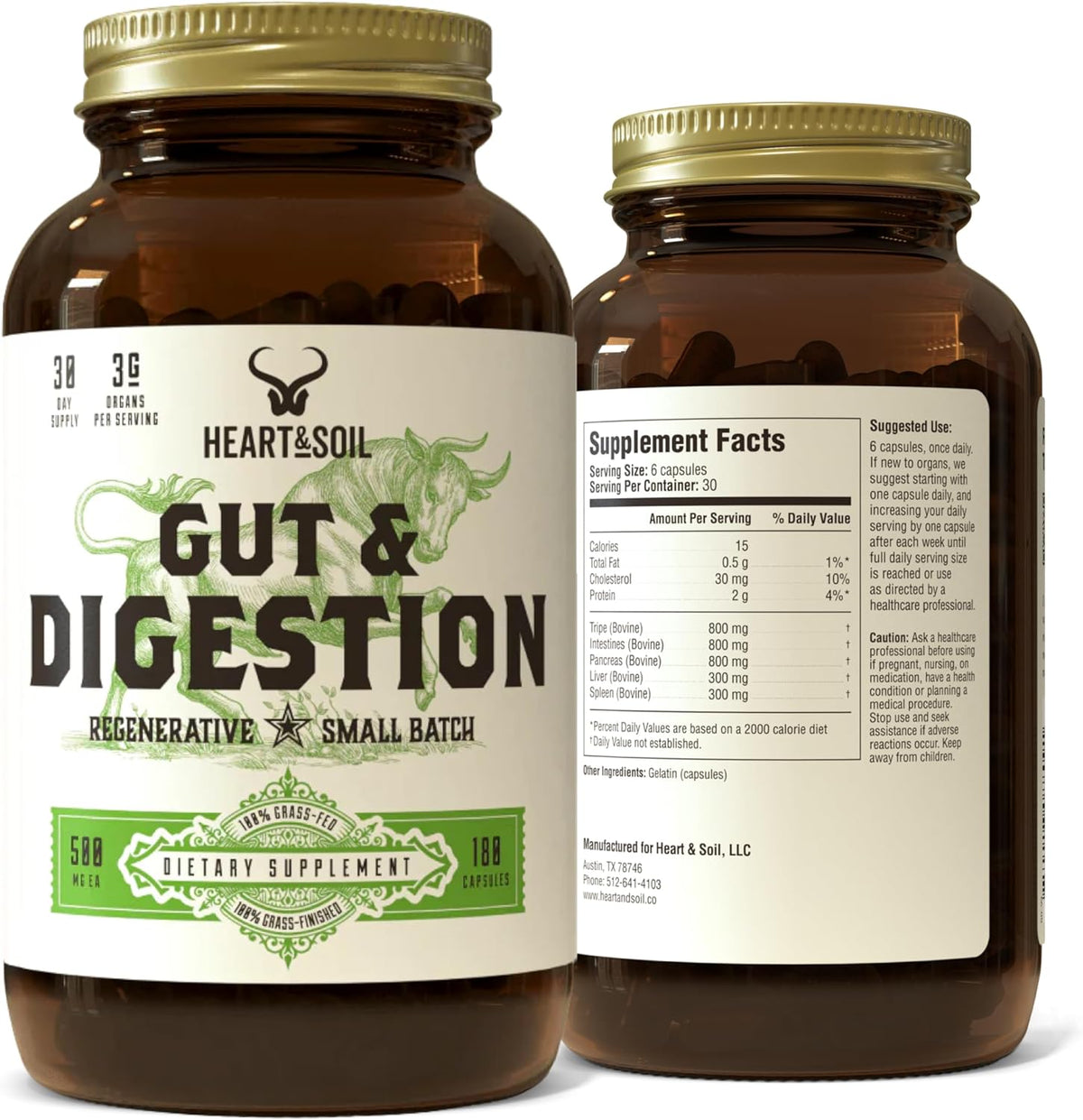 HEART & SOIL Gut & Digestion – Grass Fed Beef Organs for Digestive Health – 180 Capsules - görsel 1