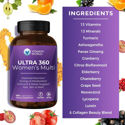 Vitamin World Ultra 360 Women's Multivitamin with Herbs & Collagen, 180 Caplets