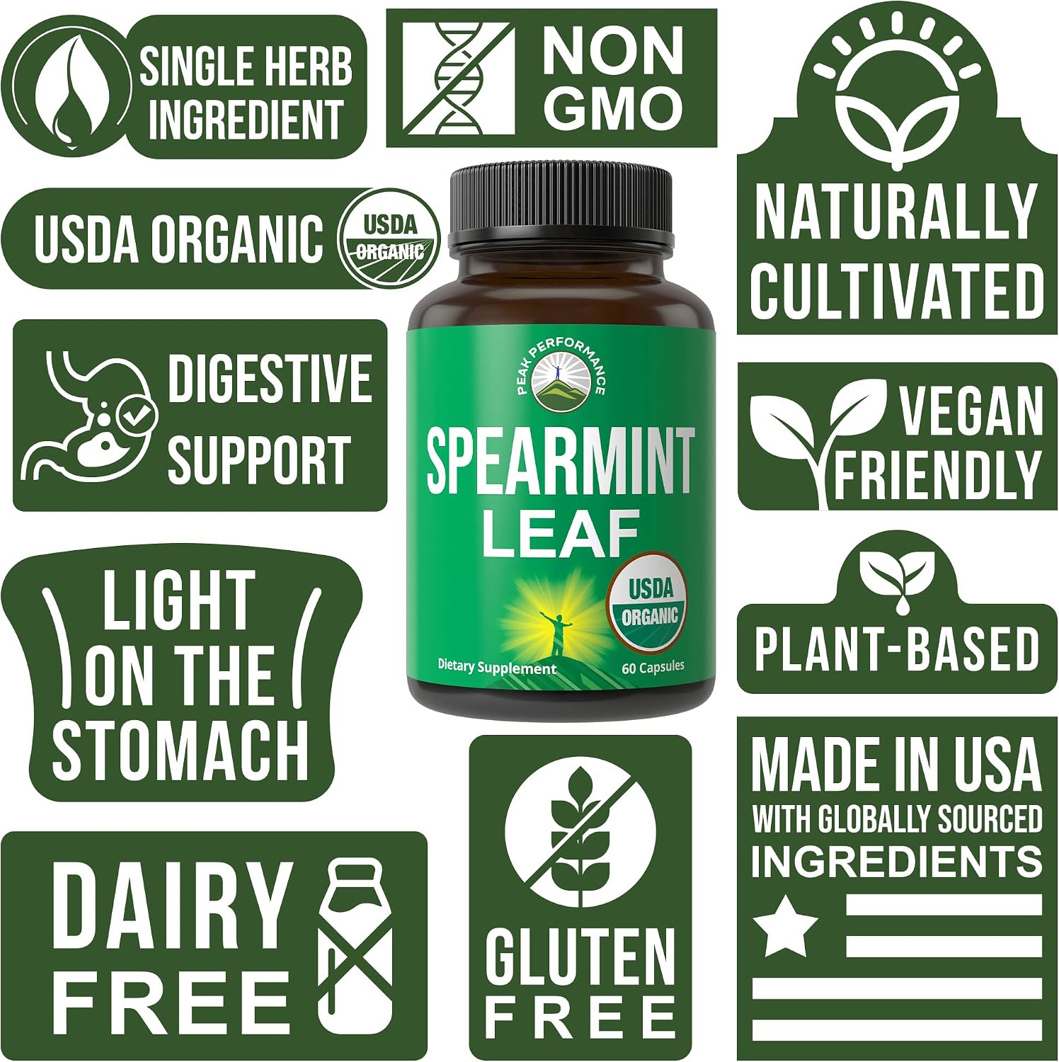 Peak Performance Organic Spearmint Capsules. Organic Vegan Spearmint Leaf Pills for Digestive Support and General Wellness. UK Tested Supplement for Women and Men. - görsel 3