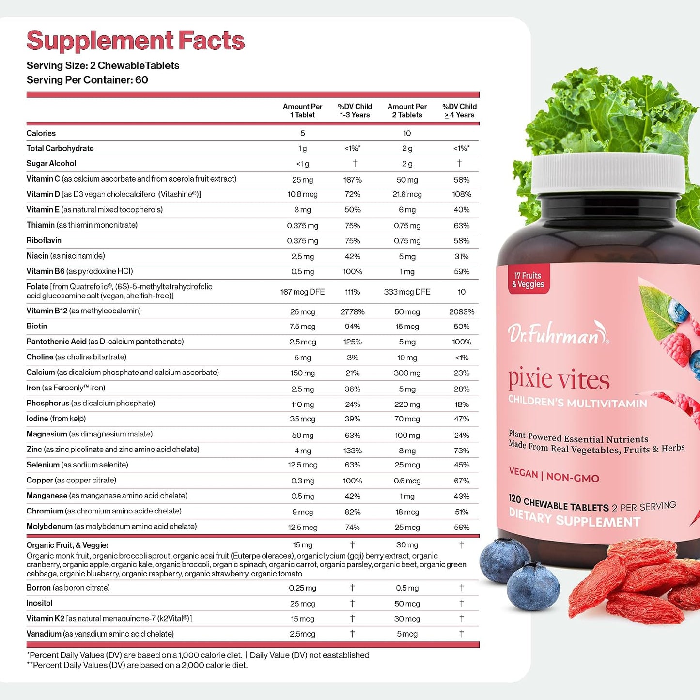 Dr. Fuhrman Pixie Vites Chewable Children's Multivitamin - Whole Food Kids Multi with Vitamin D3, K2 & Zinc - Sugar Free, Vegan, Non-GMO - Berry Flavour - 120 Tablets - görsel 7