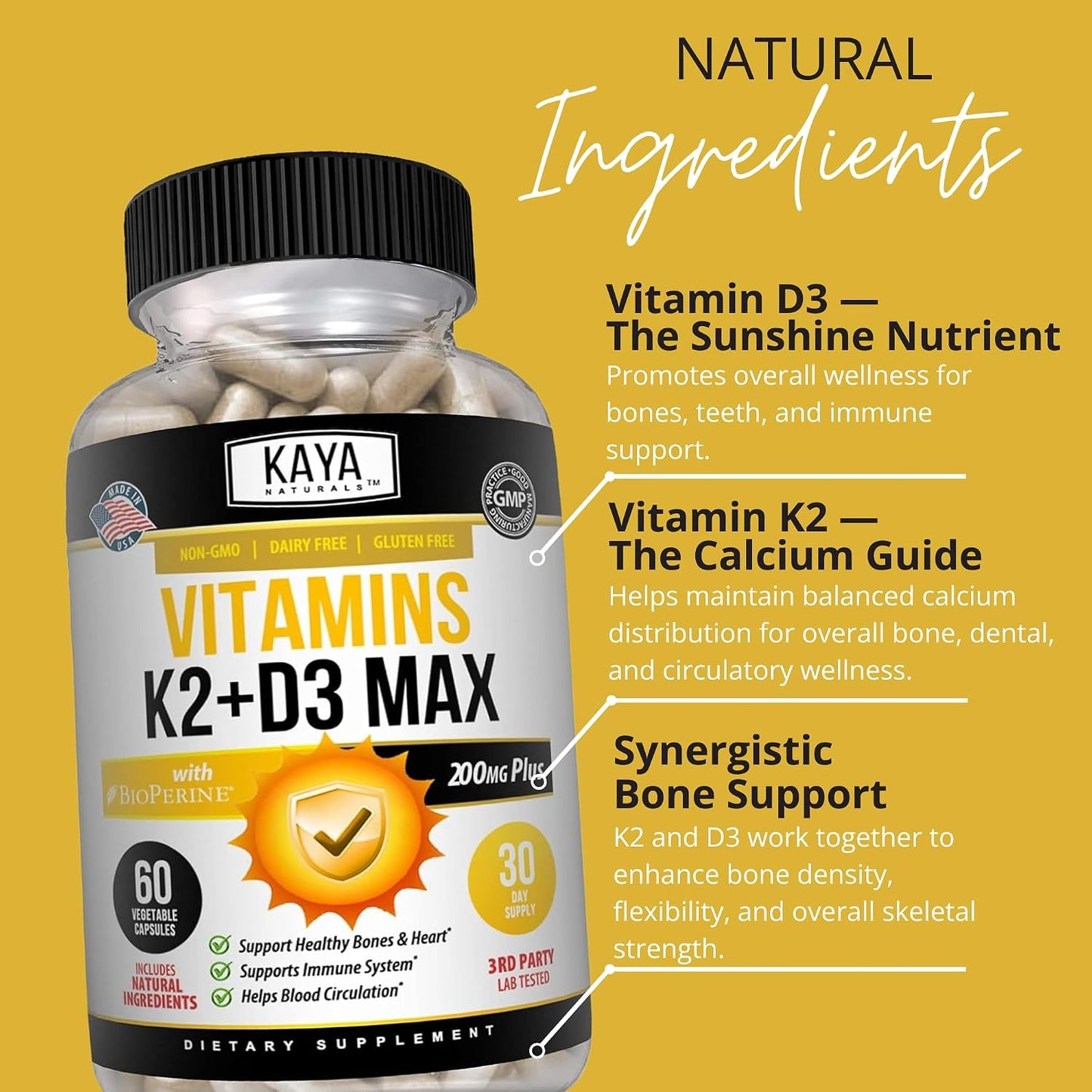 Kaya Naturals Vitamin D3 + K2 5000IU Supplement with Bioperine - 180 Veggie Capsules - görsel 5