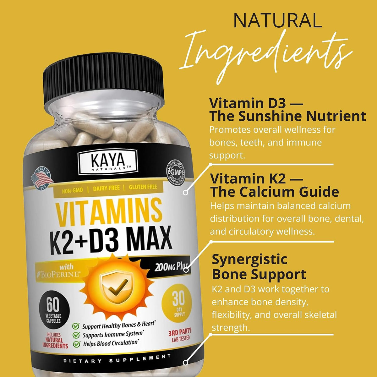 Kaya Naturals Vitamin D3 + K2 5000IU Supplement with Bioperine - 180 Veggie Capsules - görsel 5