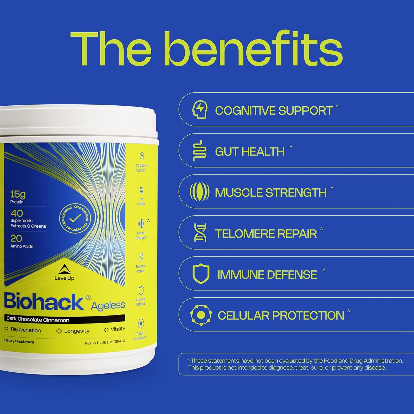 LevelUp Biohack Ageless: Colostrum Collagen Superfoods Antioxidants Spermidine Amino Acids Creatine for Women and Men, Total Body Rejuvenation (Dark Chocolate Cinnamon) - görsel 3