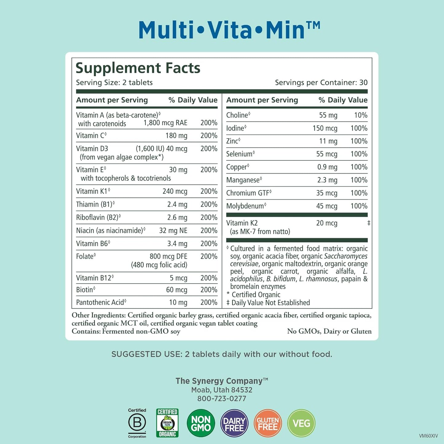 PURE SYNERGY Multi·Vita·Min | Vegan Multivitamin Made with Organic Whole Foods | Twice Daily Supplement for Men and Women | Core Nutrients for Energy, Mood, Immune, and Bone Health (60 Tablets) - görsel 2