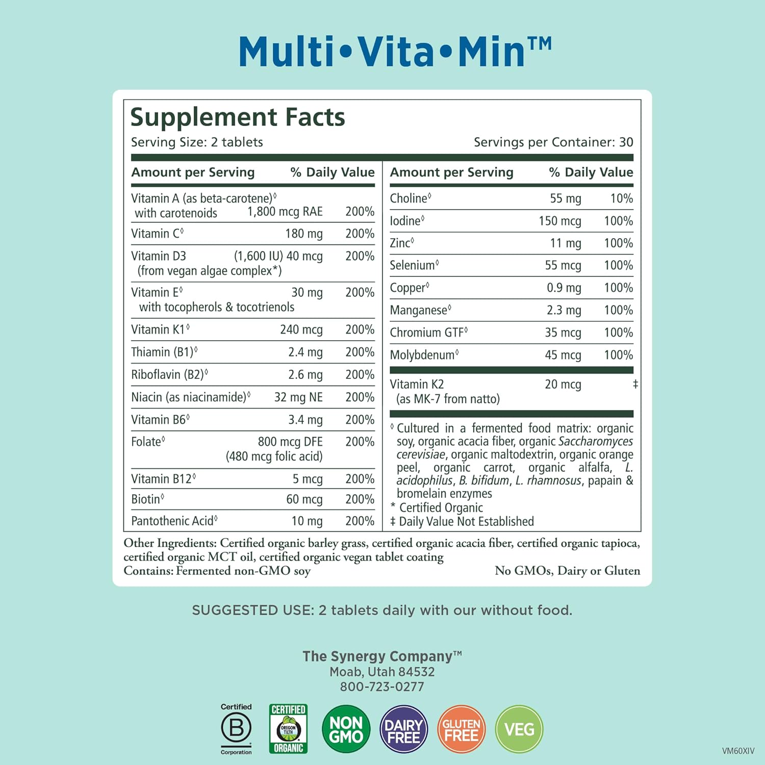 PURE SYNERGY Multi·Vita·Min | Vegan Multivitamin Made with Organic Whole Foods | Twice Daily Supplement for Men and Women | Core Nutrients for Energy, Mood, Immune, and Bone Health (60 Tablets) - görsel 2