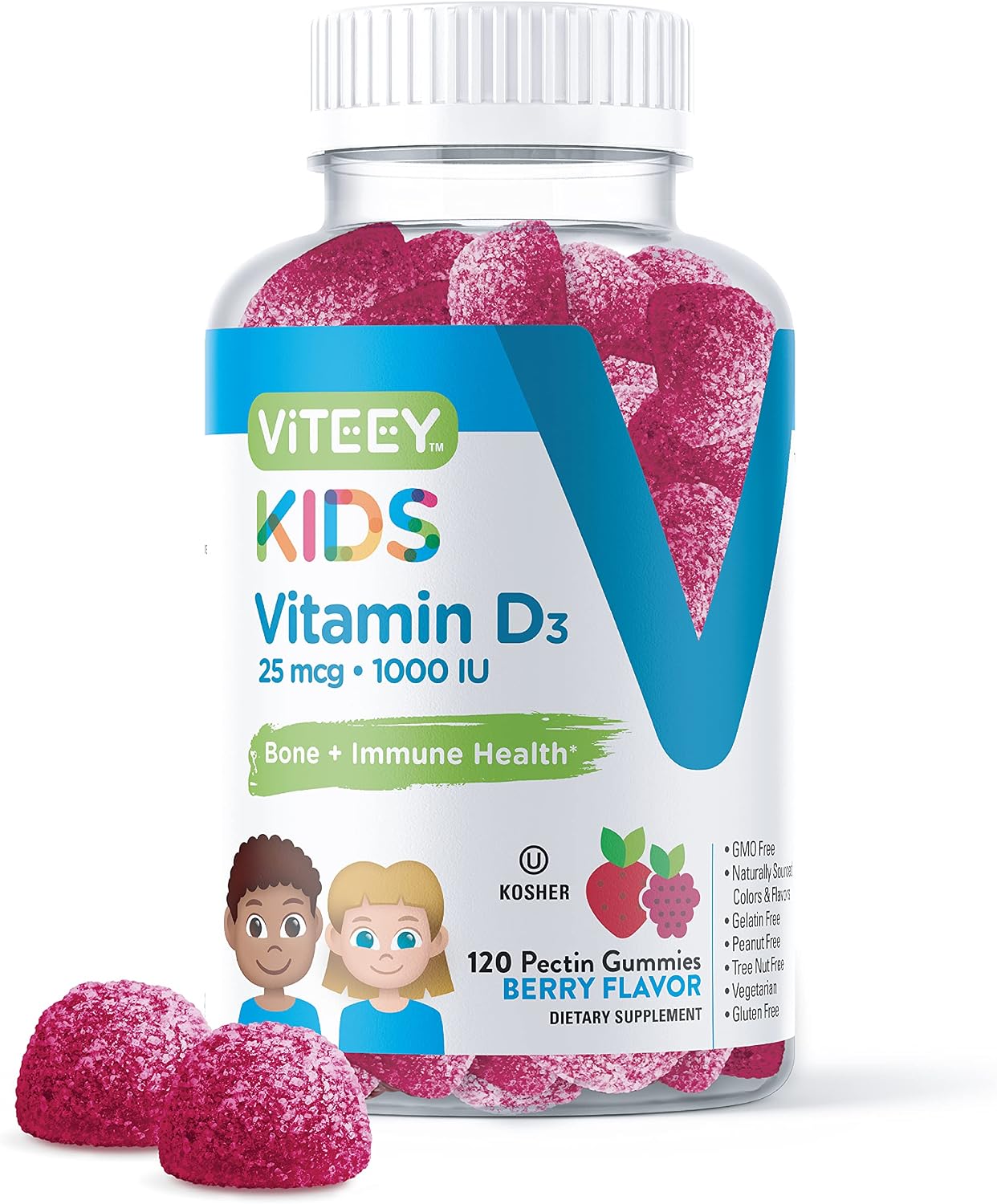 Viteey Vitamin D3 Kids Gummies 25mcg (1000 IU) - Tasty Chewable Berry Flavour | Bone Health, Immune Health, Joint & Muscle Support - Vegetarian, Gelatine Free, Gluten-free, GMO Free - 120 Count - görsel 1