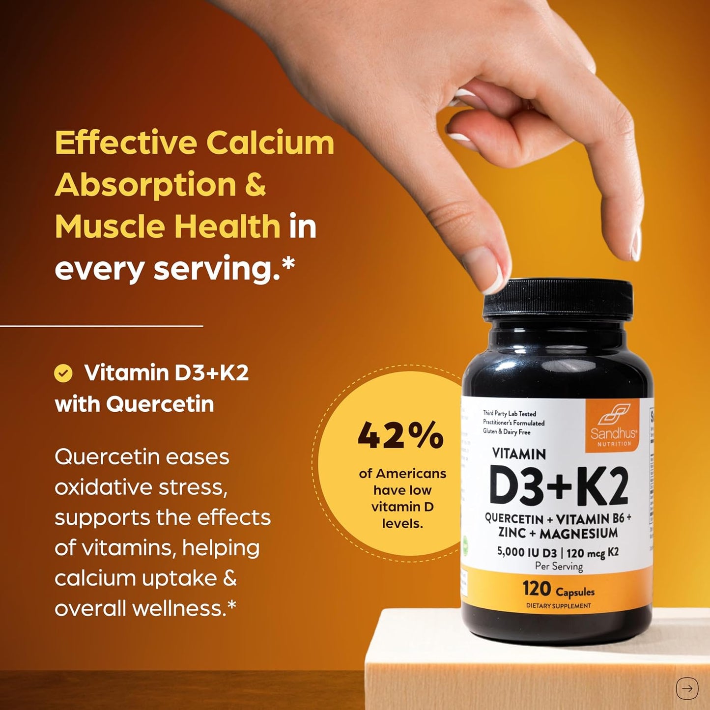 Sandhu's Vitamin D3 K2 Magnesium - 5000 IU D3, 120mcg K2 MK-7 with B6, Zinc & Quercetin - 360 Capsules (3-Pack) - görsel 2
