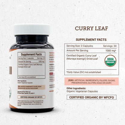 Secrets of the Tribe Curry Leaf USDA Organic Capsules - Certified Organic Herbal Supplement, 60 Capsules