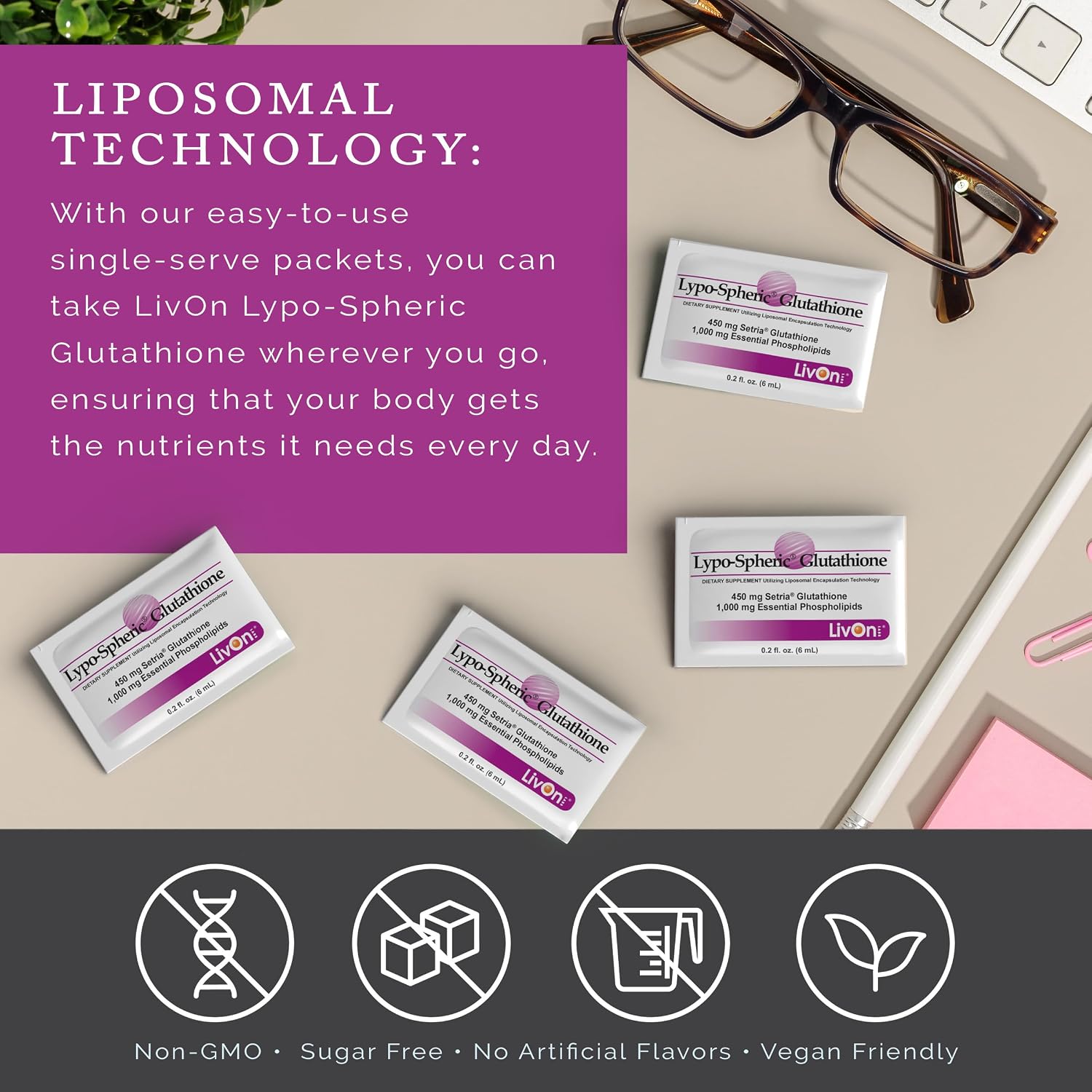 LivOn Laboratories Lypo-Spheric Glutathione - 450 mg per Sachet (30 Sachets) - görsel 6