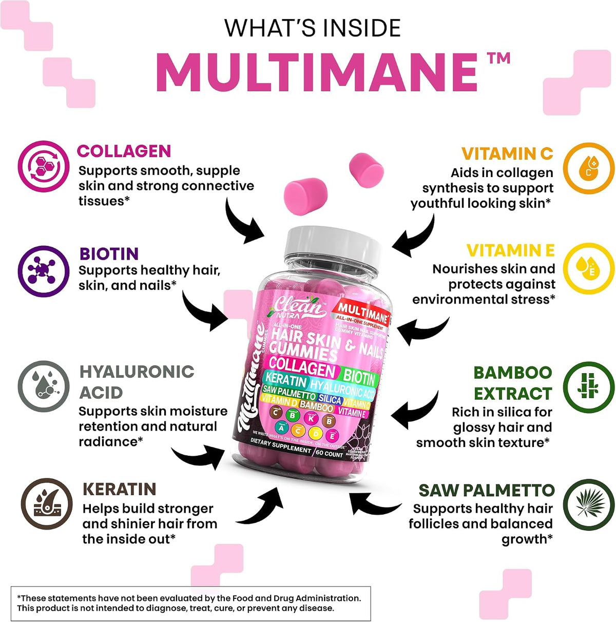 Clean Nutraceuticals Biotin Collagen Keratin Gummies | Hair, Skin and Nails Vitamins for Women | Hyaluronic Acid Bamboo Vitamin A C D3 E Folate with Saw Palmetto Silica B3 B12 Vegan Gummy - görsel 3