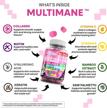 Clean Nutraceuticals Biotin Collagen Keratin Gummies | Hair, Skin and Nails Vitamins for Women | Hyaluronic Acid Bamboo Vitamin A C D3 E Folate with Saw Palmetto Silica B3 B12 Vegan Gummy