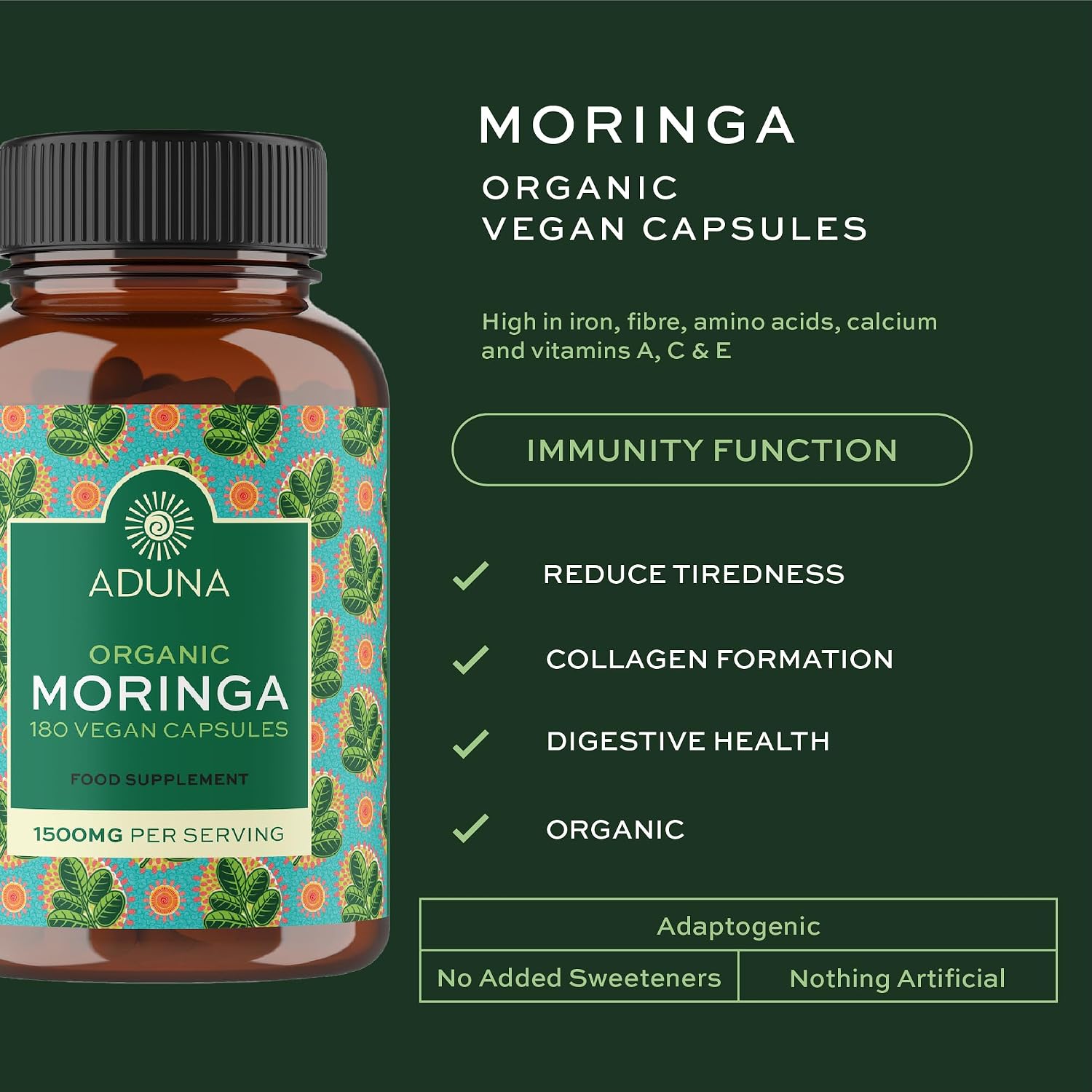 Aduna Organic Moringa Capsules 1500mg | 100% Pure Moringa Leaf Food Supplement | 180 Vegan Capsules - görsel 2