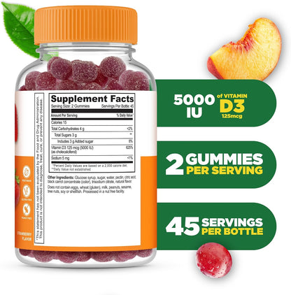 Vitamin D Gummies for Adults | 5000 IU D3 | Immune Support & Healthy Bones | 90 Gummies | Lifeable