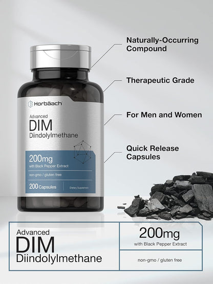Horbäach DIM Food Supplement 200mg – 200 Capsules with Black Pepper Extract