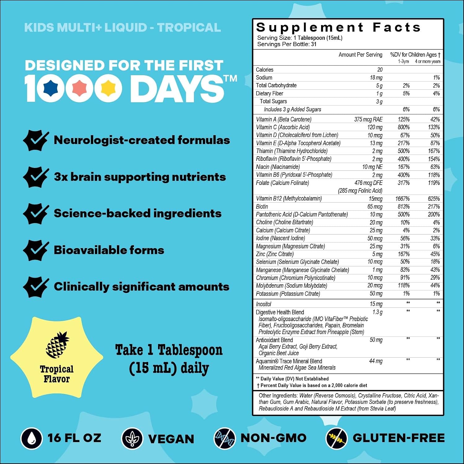 Mama Bird - Award-Winning Children's Multi+ Liquid Vitamins (31 Servings) Tropical Flavour - Active Methylated Vitamins, Children's Multivitamin - Organic Superfoods, Enzymes - Vegan, Gluten-free, Non-GM - 473 ml - görsel 4