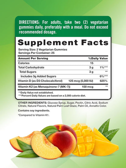 Nature's Truth Vitamin D3 + K2 Gummies, 50 Count, Peach Mango Flavour, Vegetarian, Non-GMO & Gluten-free