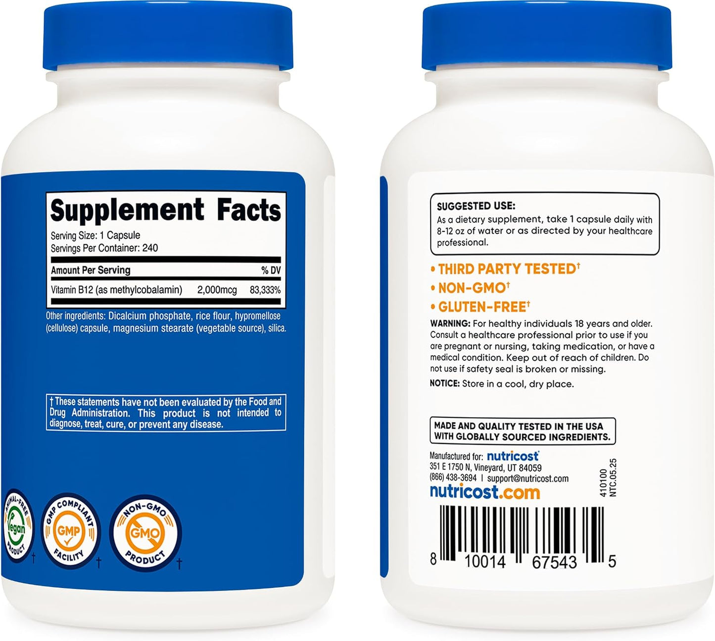 Nutricost Vitamin B12 (Methylcobalamin) 2000mcg, 240 Capsules - görsel 4