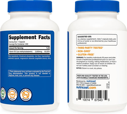 Nutricost Vitamin B12 (Methylcobalamin) 2000mcg, 240 Capsules