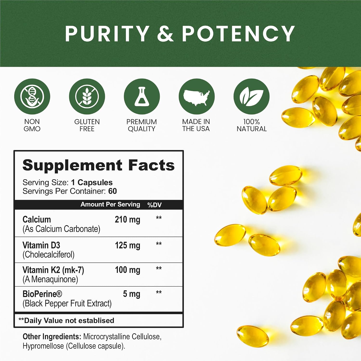 Whole Nature Vitamin D3 K2 Supplement with BioPerine - 5000 IU D3 + K2 MK-7 for Bone and Heart Support - 60 Vegan Capsules - görsel 5