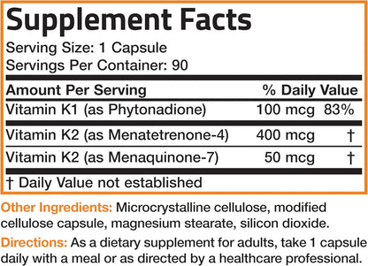 Bronson Vitamin K Triple Play (Vitamin K2 MK7 / Vitamin K2 MK4 / Vitamin K1) Full Spectrum Complex, 90 Capsules