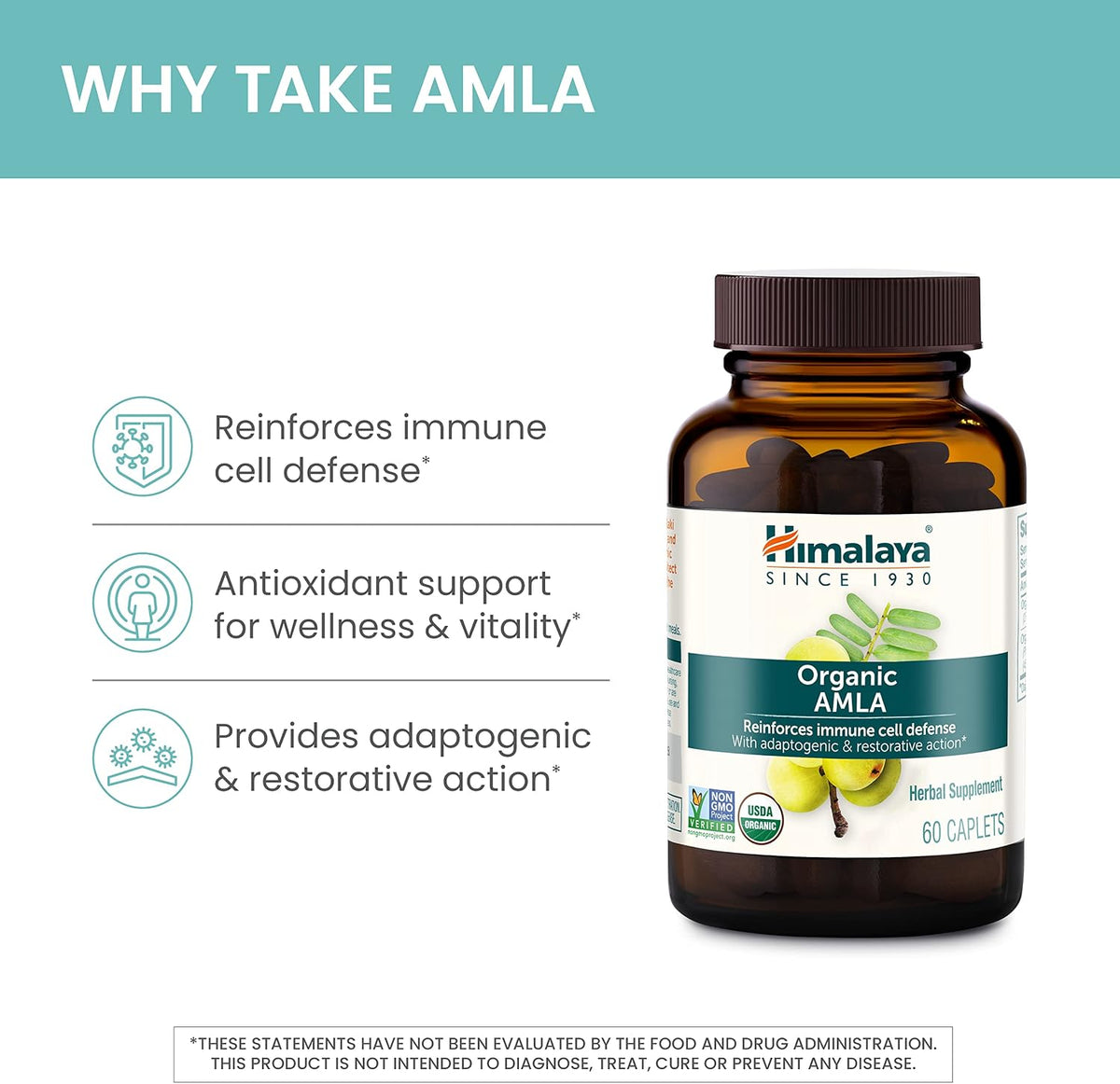 Himalaya Organic Amla - Herbal Immune Support, Adaptogen & Antioxidant - 600 mg, 60 Caplets - görsel 3