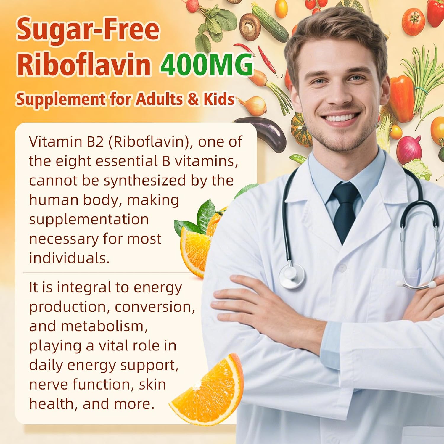 BVIVLOO Vitamin B2 Gummies - Riboflavin 400mg, Vegan, Sugar-Free, Orange Flavour (2 Pack, 120 Gummies) - görsel 4