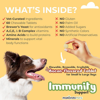Makondo Pets Dog Immune Support Supplement – Bacon Flavour, 60 Chewable Tablets