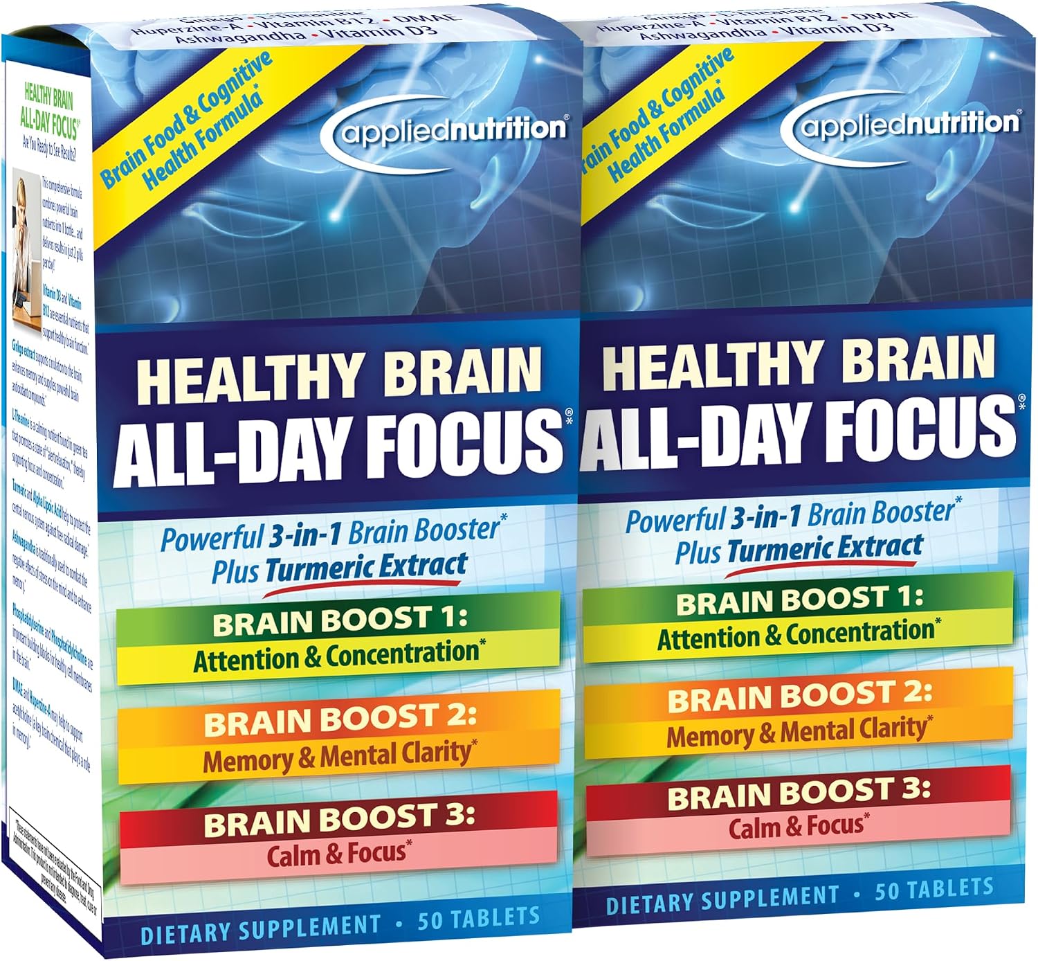 Applied Nutrition Healthy Brain All-Day Focus - 50 Tablets (Pack of 2) - Brain Support Supplement with Turmeric Extract - görsel 1