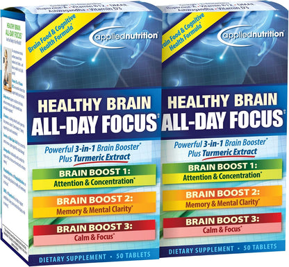 Applied Nutrition Healthy Brain All-Day Focus - 50 Tablets (Pack of 2) - Brain Support Supplement with Turmeric Extract