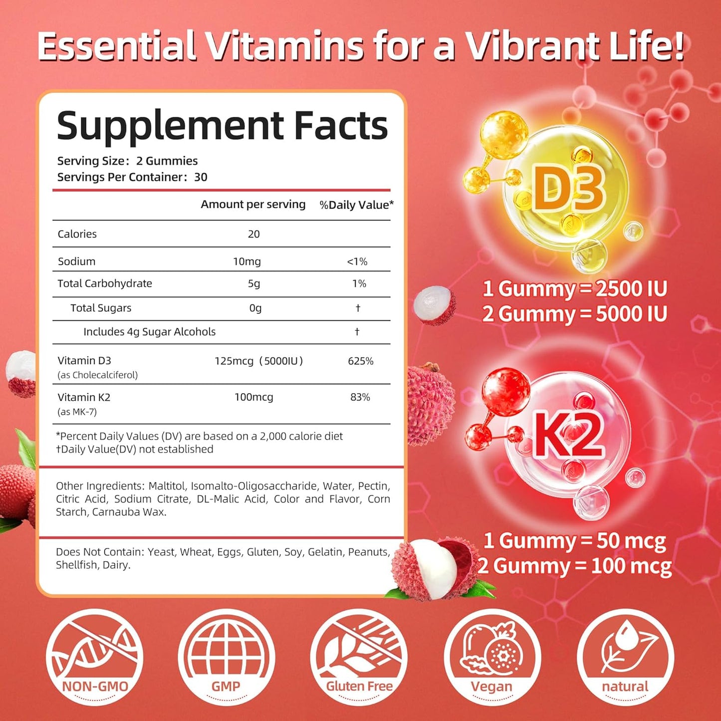 IRIDESICENT Vitamin D3 K2 Gummies - Sugar Free, Vegan, 5,000 IU D3 + 100 mcg K2 (MK-7) for Bone & Immune Support, Lychee Flavour (60 Count) - görsel 2