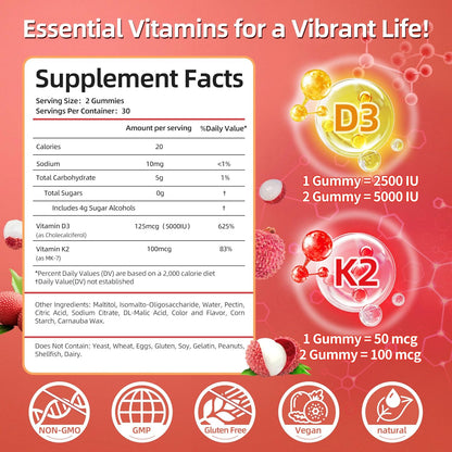 IRIDESICENT Vitamin D3 K2 Gummies - Sugar Free, Vegan, 5,000 IU D3 + 100 mcg K2 (MK-7) for Bone & Immune Support, Lychee Flavour (60 Count)
