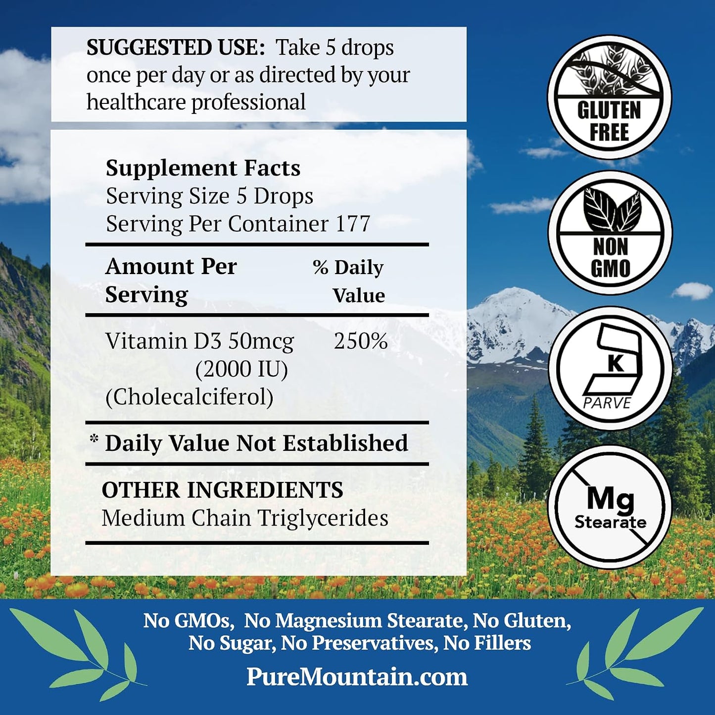 Pure Mountain Botanicals Liquid Vitamin D Drops - 2000 IU D3 in MCT Oil - Non-GMO, Kosher, 177 Servings - görsel 2