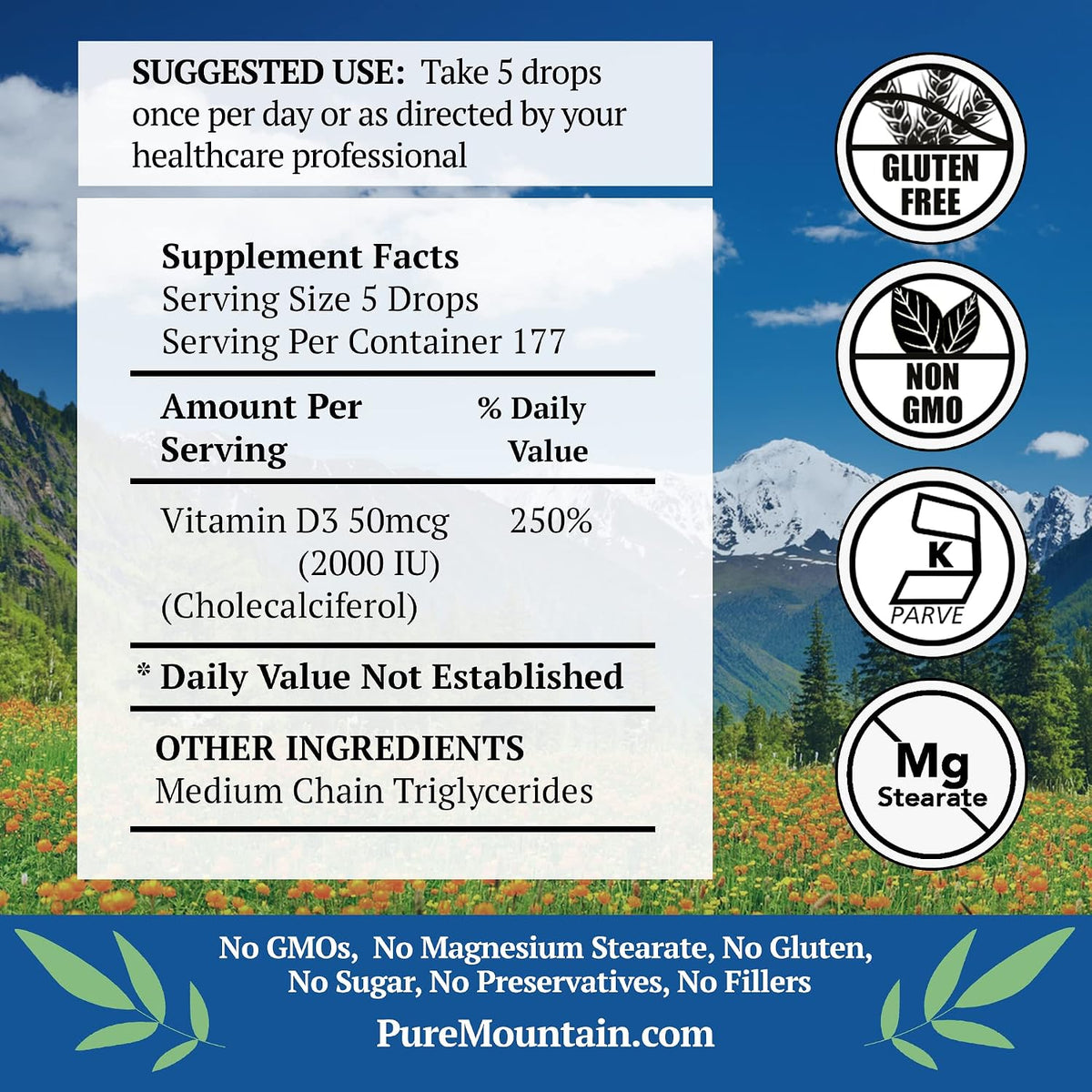 Pure Mountain Botanicals Liquid Vitamin D Drops - 2000 IU D3 in MCT Oil - Non-GMO, Kosher, 177 Servings - görsel 2