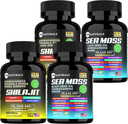 TM NATURALS Sea Moss Black Seed Oil Ashwagandha Ginger Capsules - 240 Capsules
