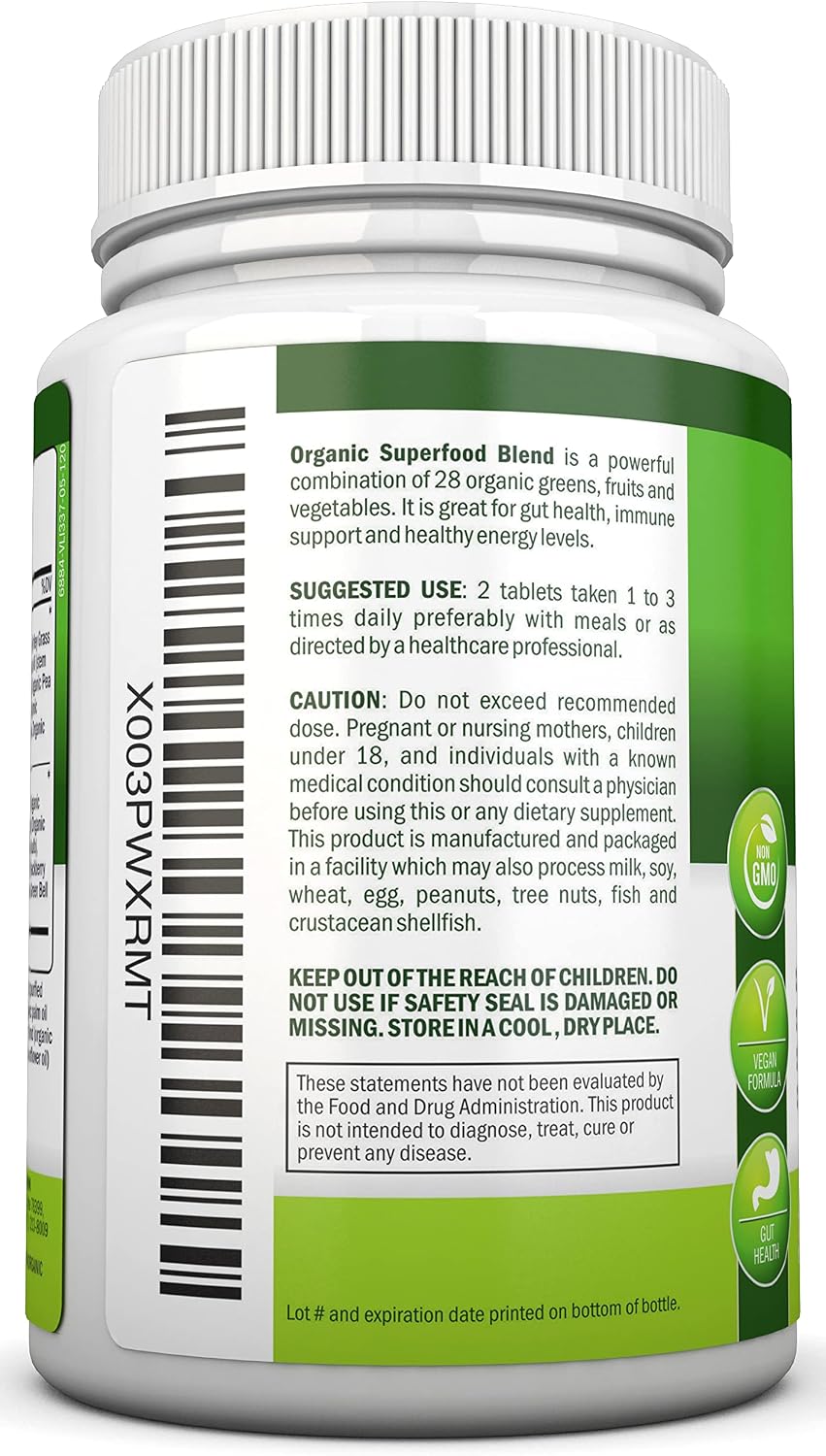 Organic Super Greens Capsules - Fruit And Vegetable Supplements - 120 Capsules - 28 Organic & Vegan Premium Ingredients - Superfood Blend For Immune Health, Digestion & Energy - Whole Food Vitamins - görsel 3