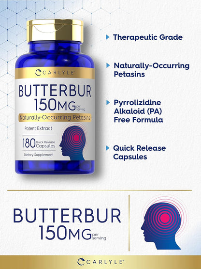 Carlyle Butterbur Supplement 150 mg – PA-Free Leaf Extract – 180 Capsules