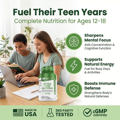 Herbtonics Whole Food Teen Vitamins – Multivitamin for Boys &amp; Girls Ages 12–18 – Energy, Focus &amp; Immune Support – 60 Capsules