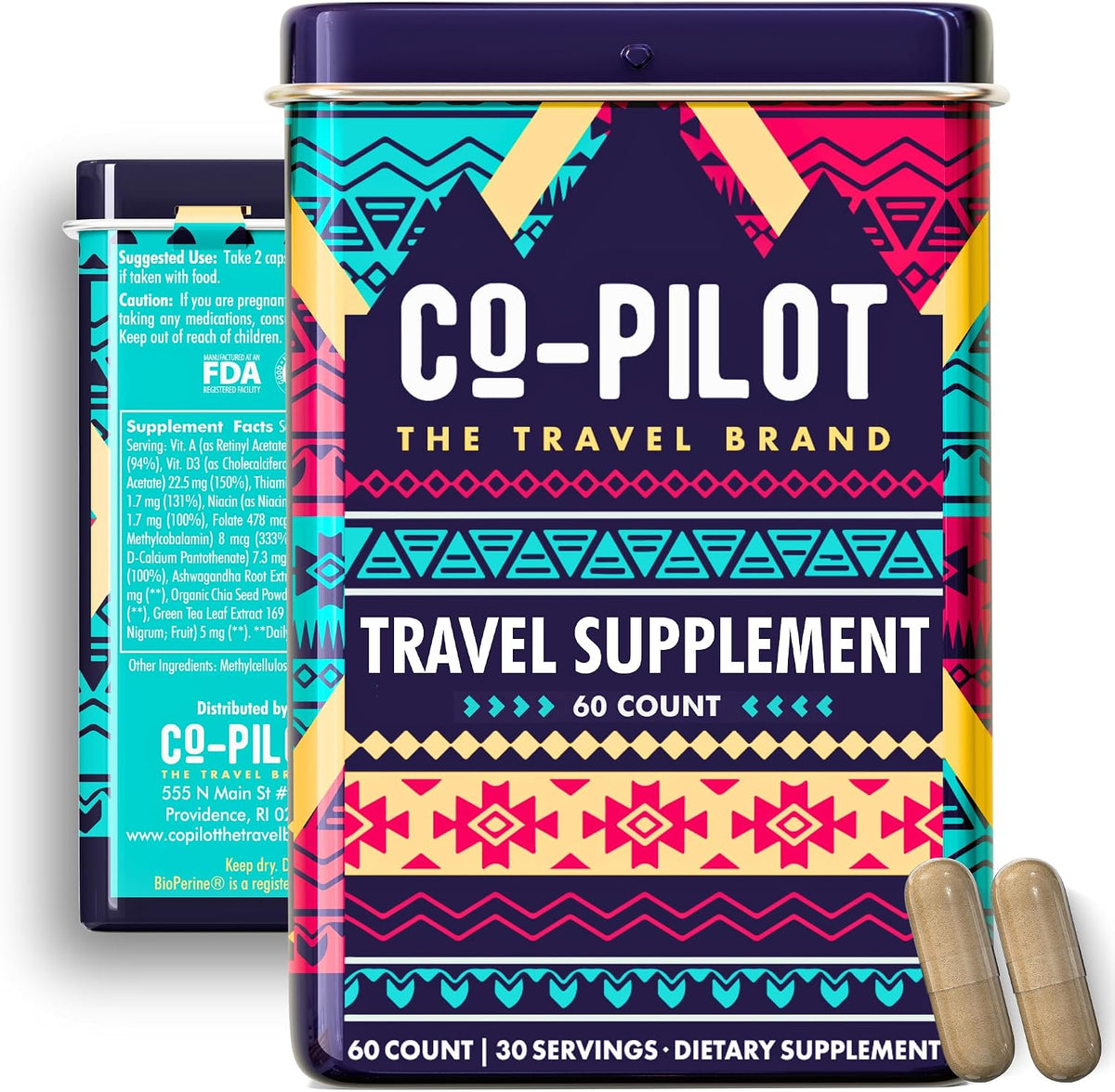 Co-Pilot The Travel Brand Original Travel Supplement - Jet Lag Remedy with Ashwagandha, Rhodiola & Vitamin D3, Vegan, 60 Capsules - görsel 1