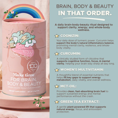 MAKE TIME Brain Health Powder Supplement for Women – Mood, Focus & Energy Boost with Cognizin, Biotin, B6, B12, MCTs, Acetyl-L-carnitine & Curcumin (210g, 30 Servings)