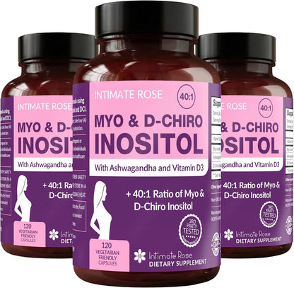 Intimate Rose Myo-Inositol & D-Chiro Inositol Blend - 40:1 Ratio with Vitamin D & Ashwagandha, 3 Bottles