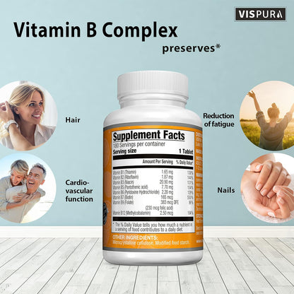 VISPURA Vitamin B-Complex – 180 Vegan Tablets | All B Vitamins for Energy, Stress & Immune Support