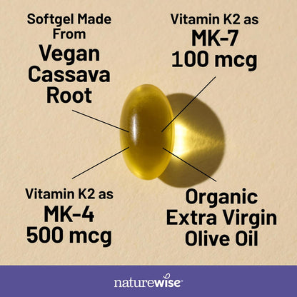 NatureWise Vitamin K2 600mcg Supplement with MK-7 100mcg & MK-4 500mcg - Enhanced Bioavailable Formula - K Complex for Bone Maintenance and Normal Blood Clotting - Vegan, Gluten-free, Non-GMO - 180 Soft gel capsules (6-Month Supply)