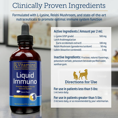 Rx Vitamins Liquid Immuno - L-Lysine, Reishi Mushroom & Lutein for Cats and Dogs - Bacon Flavoured Liquid Supplement (60 ml)