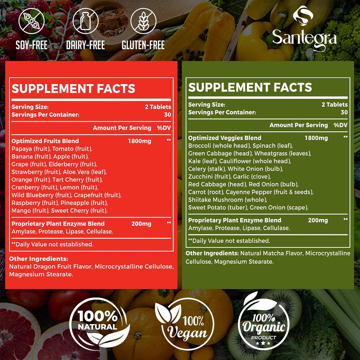 Santegra 2000 mg Fruit and Veg Supplement, 35+ Fruits and Vegetables, 100% Whole Food Superfoods, Natural Vitamins for Women and Men, Sugar-free, Gluten-free, Vegan, 120 Tablets - görsel 2