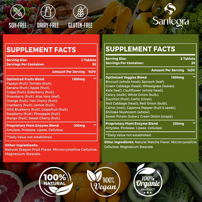 Santegra 2000 mg Fruit and Veg Supplement, 35+ Fruits and Vegetables, 100% Whole Food Superfoods, Natural Vitamins for Women and Men, Sugar-free, Gluten-free, Vegan, 120 Tablets