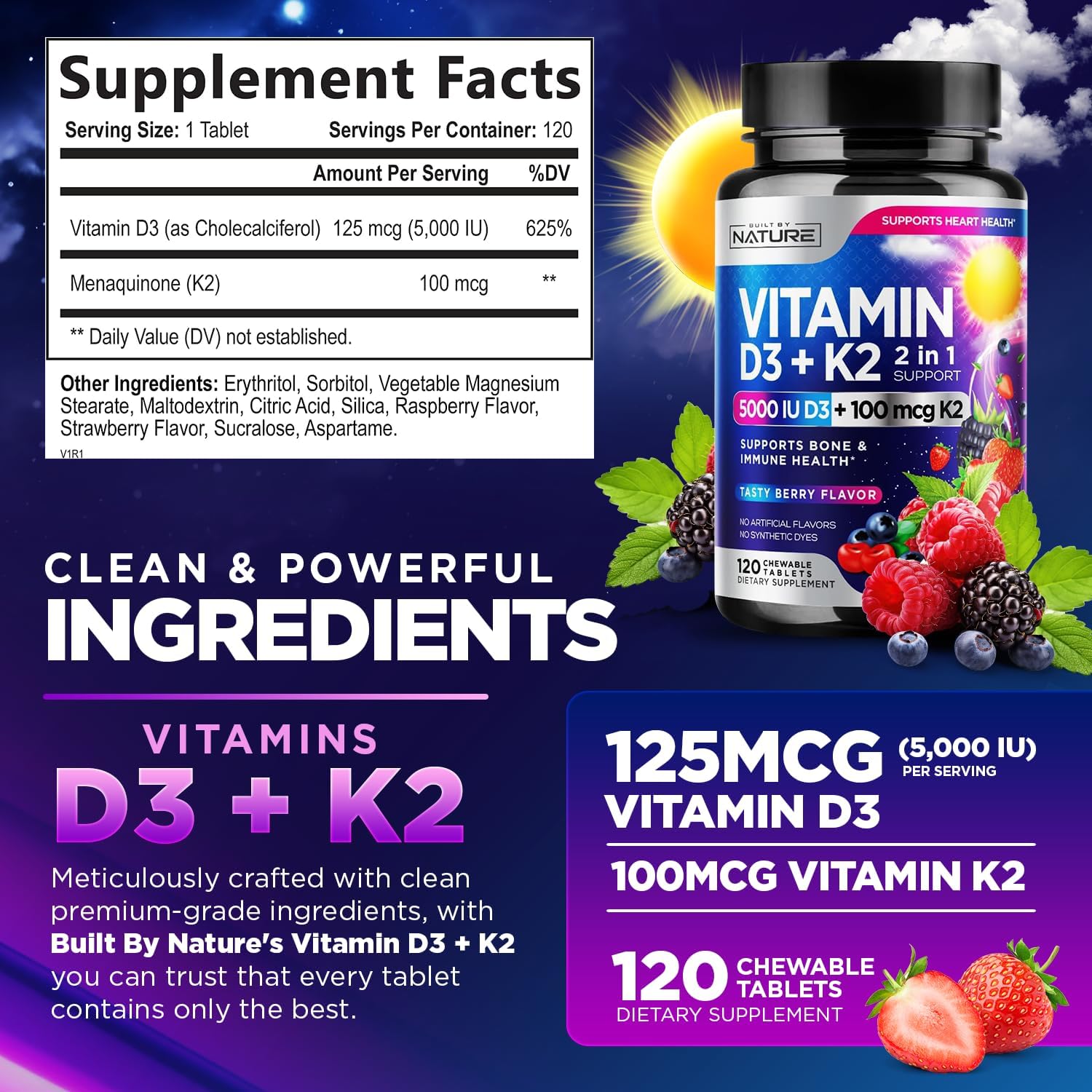 Vitamin D3 K2 Chewable, 5000 IU & K2 MK-7 100 mcg, 120 Tablets | 2-in-1 Supplement for Immune, Heart & Bone Support, Non-GM, Berry Flavour - görsel 2