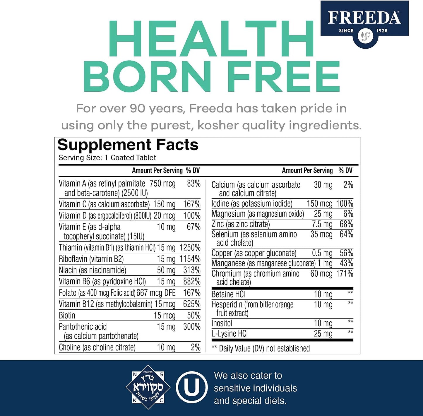 Freeda Senior Multivitamin - Kosher Vitamins for Men & Women 60 and Over - One Daily Coated Tablet - 100 Tablets - görsel 3